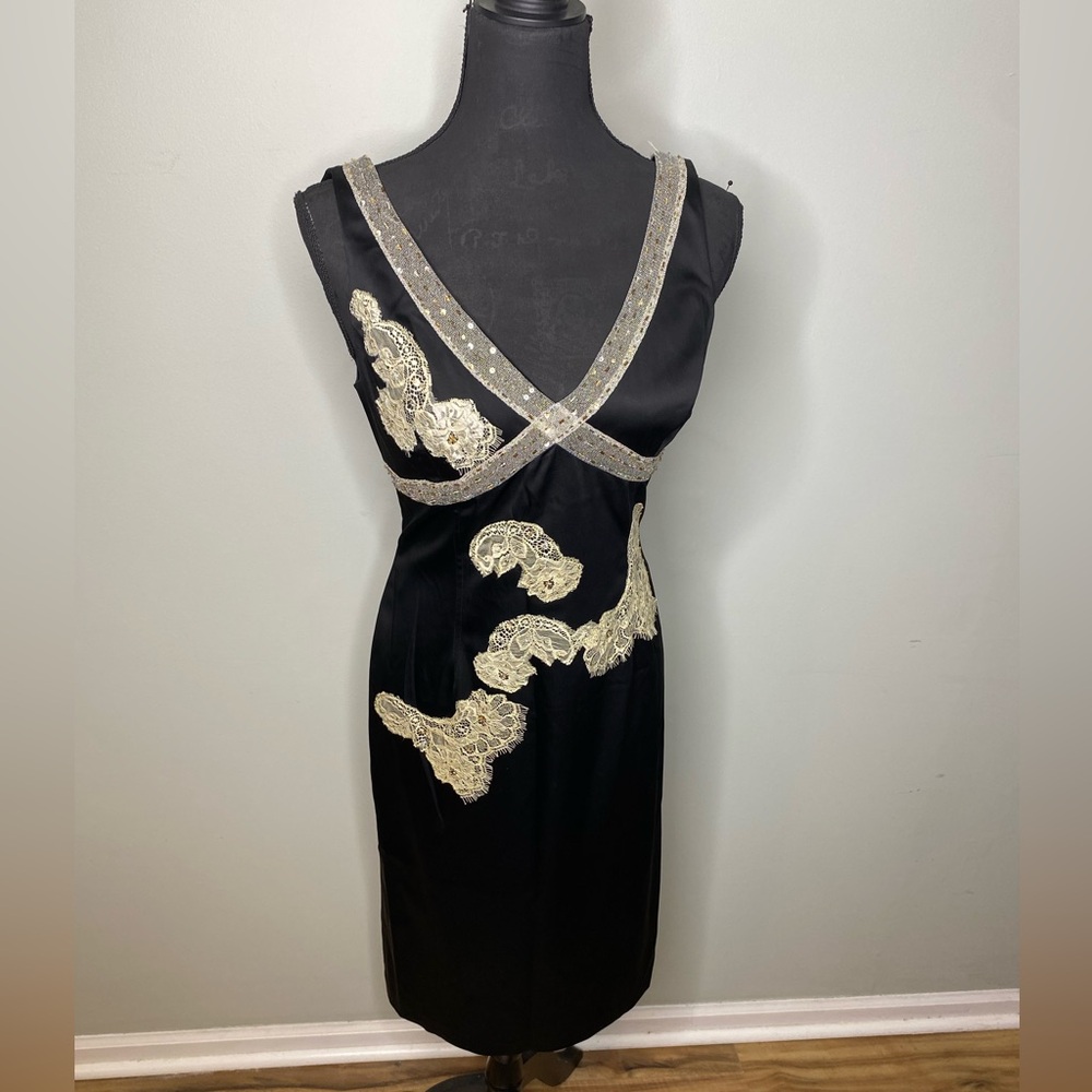 Vintage Y2K Evening Black Satin dress Lace and beaded Details